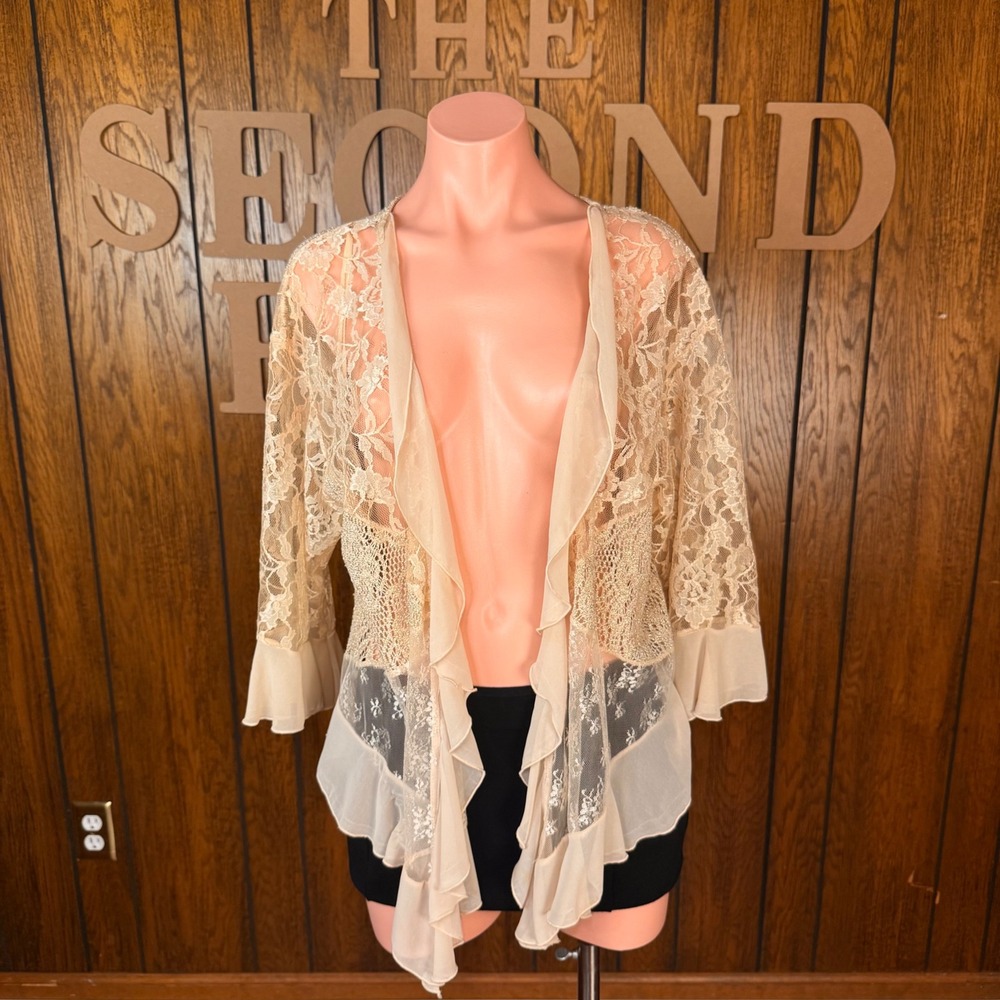 Gold Fairycore Boho Lace Cardigan MSK Women L Metallic Ruffle Ethereal Indie